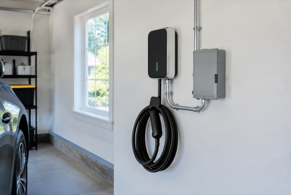 Level 2 EV charger installed on a Cleveland garage wall with conduit and a disconnect box
