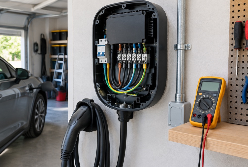 Home EV charger with its cover removed and a multimeter during a repair