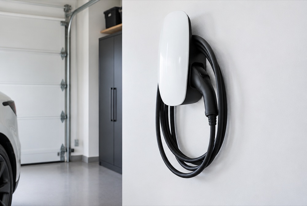 Wall-mounted home EV charging connector on a garage wall